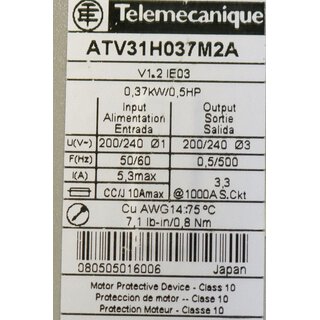 Telemecanique ATV 31H037M2A 240V 0.37KW -Gebraucht/Used