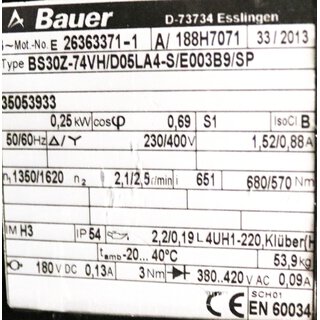 Bauer BS30Z-74VH/D05LA4-S/E00339B9/SP Getriebemotor i=651 -used-