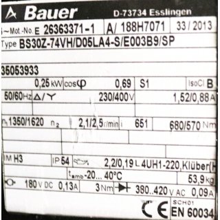 Bauer Getriebemotor 0,25 kw  BS30Z-74VH/D05LA4-S/E00339B9/SP