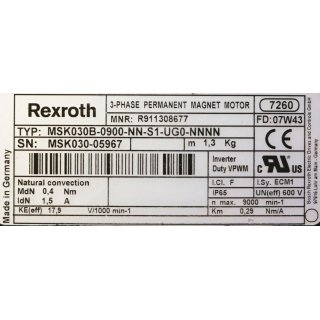 Rexroth 3~MOTOR MSK030B-0900-NN-S1-UG0-NNNN IndraDyn -Used  9000/min