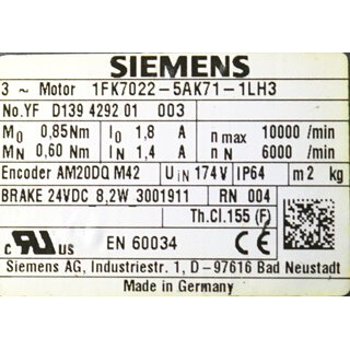 Siemens 1FK7022-5AK71-1LH3 Synchronservomotor -used-
