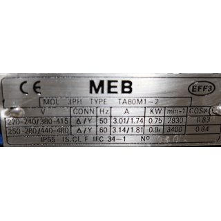 MEB 3~Motor TA80M1-2  0,75 kW  2830 rpm