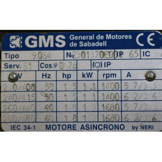 GMS Elektromotor I90S4  1,1KW  1400U/min -Neu