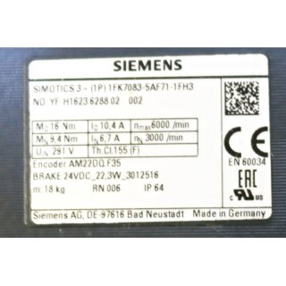 Siemens Simotics3 (1P) 1FK7083-5AF71-1FH3 Servomotor / Unused