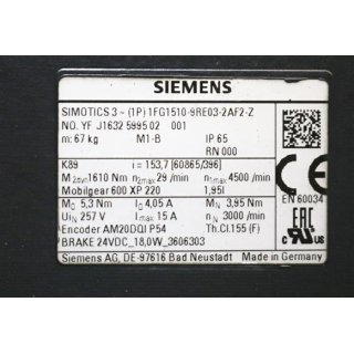 Siemens Simotics 3 ~ (1P) 1FG1510-9RE03-2AF2-Z + Getriebe 4500 rpm/ Neu