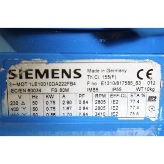 Siemens Elektromotor 1LE10010DA222FB4  0,75 kW 2805 rpm Gebraucht/Used
