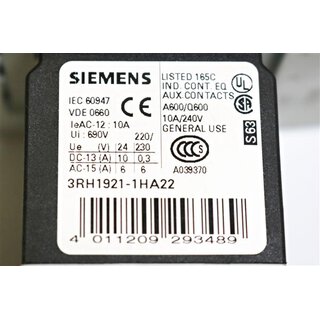 Siemens 3RT1046-1BB44 + 3RH1921-1HA22 Leistungsschütz -used-