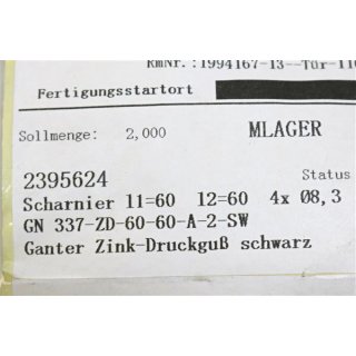 2* Ganter Scharnier  GN337-ZD-60-60-A-2-SW  11=60 12=60 4x08,3  Zink-Druckguss -Neu