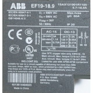 ABB EF19-18-9 Überlastrelais 1SAX121001R1105 -unused-