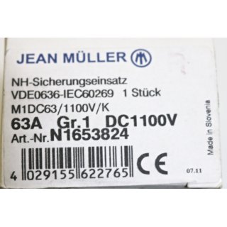 Jean Mller NH-Sicherheitseinsatz N1653824 M1DC63  Gr.1 63A DC 1100V - Neu/OVP