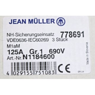 Jean Mller 3Sck NH-Sicherungseinsatz N1184600 M1aM Gr.1 125A 690V   - Neu/OVP