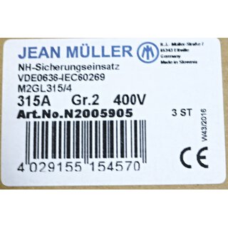 Jean Mller  3 Stck NH Sicherungseinsatz Gr.2 315A 400V  - Neu/OVP