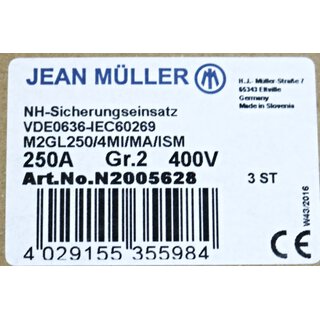 Jean Mller  3 Stck NH-Sicherungseinsatz M2GL250/4MI/MA/ISM  Gr.2 250A 400V - Neu/OVP