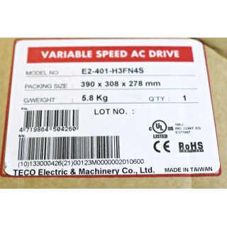 TECO Frequenzumrichter E2-401-H3FN4S 0,75KW 400V-Neu/OVP