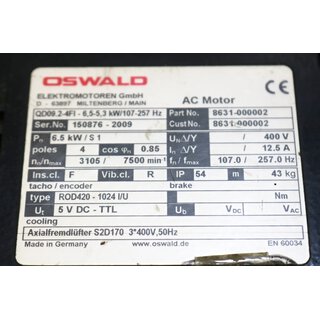 OSWALD QD09.2-4FI - 6,5-5,3kW 105-257 Hz Servomotor 3105/7500rpm -used-