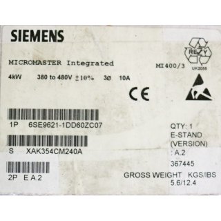 Siemens 6SE9621-1DD60ZC07 Micromaster Integrated