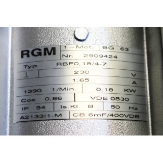 RGM 1~Motor Typ RBF0,18/4-7  0,18KW 1390rpm + Getriebe -Neu