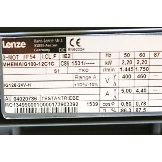 Lenze 3~Motor MHEMAIG100-12C1C +Inverter E84DGDVB22242PS- Gebraucht/Used