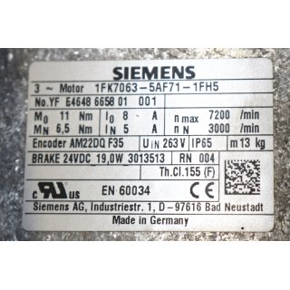 Siemens 3~Motor Typ 1FK7063-5AF71-1FH5  n max 7200 -Gebraucht/Used