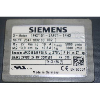 Siemens 3~Motor Typ 1FK7101-5AF71-1FH3  nmax 5000 -Gebraucht/Used