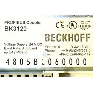 Beckhoff BK3120 Profibus Coupler- Gebraucht/Used