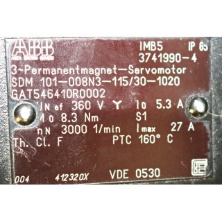 ABB 3~ Permanentmagnet-Servomotor SDM 101-008N3-115/30-1020 GAT546410R0002- Gebraucht/Used
