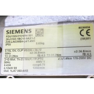 Siemens 2KJ3102-1BC11-9AX1-Z Gear Motor i=36,72 -unused-
