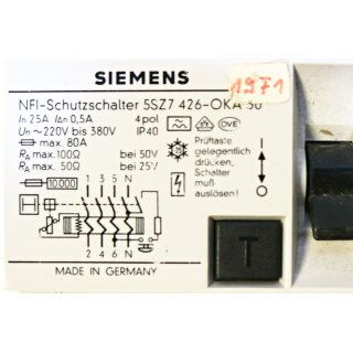 SIEMENS NFI-Schutzschalter 5SZ7 426-OKA30- Gebraucht/Used