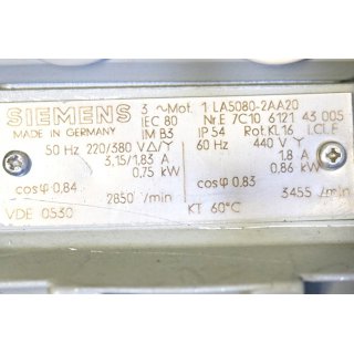SIEMENS Elektromotor 1LA5080-2AA20- Gebraucht/Used