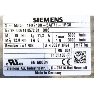 SIEMENS 3~ Motor 1FK7100-5AF71-PG0- Unused