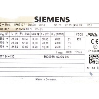 SIEMENS SIMOTICS 1PH7107-2QG20-0BA3 Servomotor 10.5kW Asynchronmotor