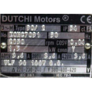 Dutchi 3~ Motors Type 90/2 1,5 KW  2050 rpm