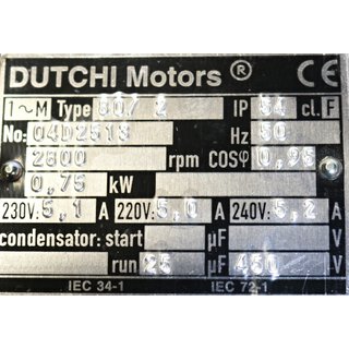 Dutchi 1~ Motors Typ 80/2 0,75 KW 2800rpm -unused-
