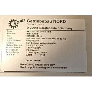 Getriebebau Nord Frequenzumrichter SK700E-151-340-A-RS2- Gebraucht/Used