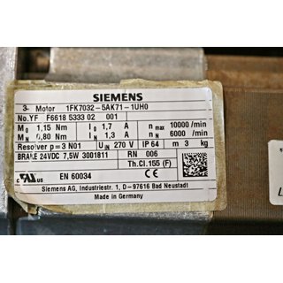 SIEMENS 1FK7032-5AK71-1UH0 SIMOTICS S Synchronservomotor -used-