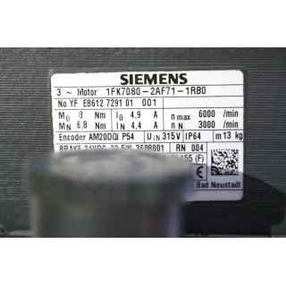 Siemens 3 ~ Motor 1FK7080-2AF71-1RB0  rpm max 6000/min