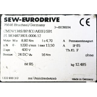 SEW-EURODRIVE 3 ~ Motor CMDV138S/BP/KY/AK0H/SB1