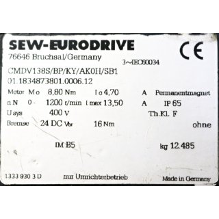 SEW-EURODRIVE 3 ~ Motor CMDV138S/BP/KY/AK0H/SB1 