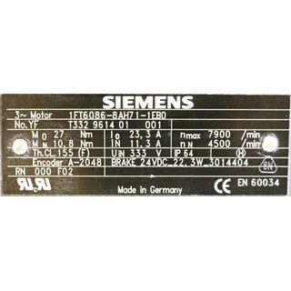 Siemens 1FT6086-8AH71-1EB0 SIMOTICS S Synchronservomotor -used-