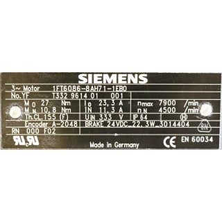 Siemens 3 ~ Motor  1FT6086-8AH71-1EB0  rpm max 7900/min