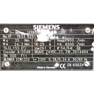 Siemens 3 ~ Motor 1FT6086-8SH71-1EB0 + Blower 2CW 1332 + Brake rpm max 7900/min