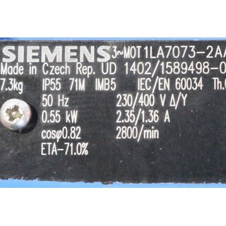 Siemens 3 ~ Motor  1LA7073-2AA11-Z + Brake 2LM8005-2NA10  rpm 2800/min