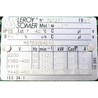 Leroy Somer LS71 Elektromotor + Getriebe CB 2002 SB3 B8-Gebraucht/Used