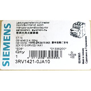 Siemens 0,7-1A 3RV1421-0JA10 Leistungsschalter -Neu/OVP