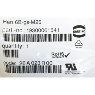 Harting  Tüllengehäuse  HAN 6B-gs-M25  Neu