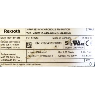 Rexroth MSK071D-0450-NN-M2-UG0-RNNN, 6000 min-1