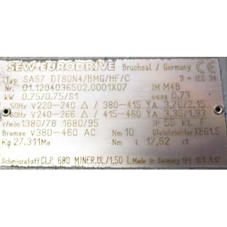 SEW-ED SA57DT80N4/BMG/HF/C + Danfoss Frequenzumr. FCD 307 PT4P66EBR1D0F 10T00C0 used